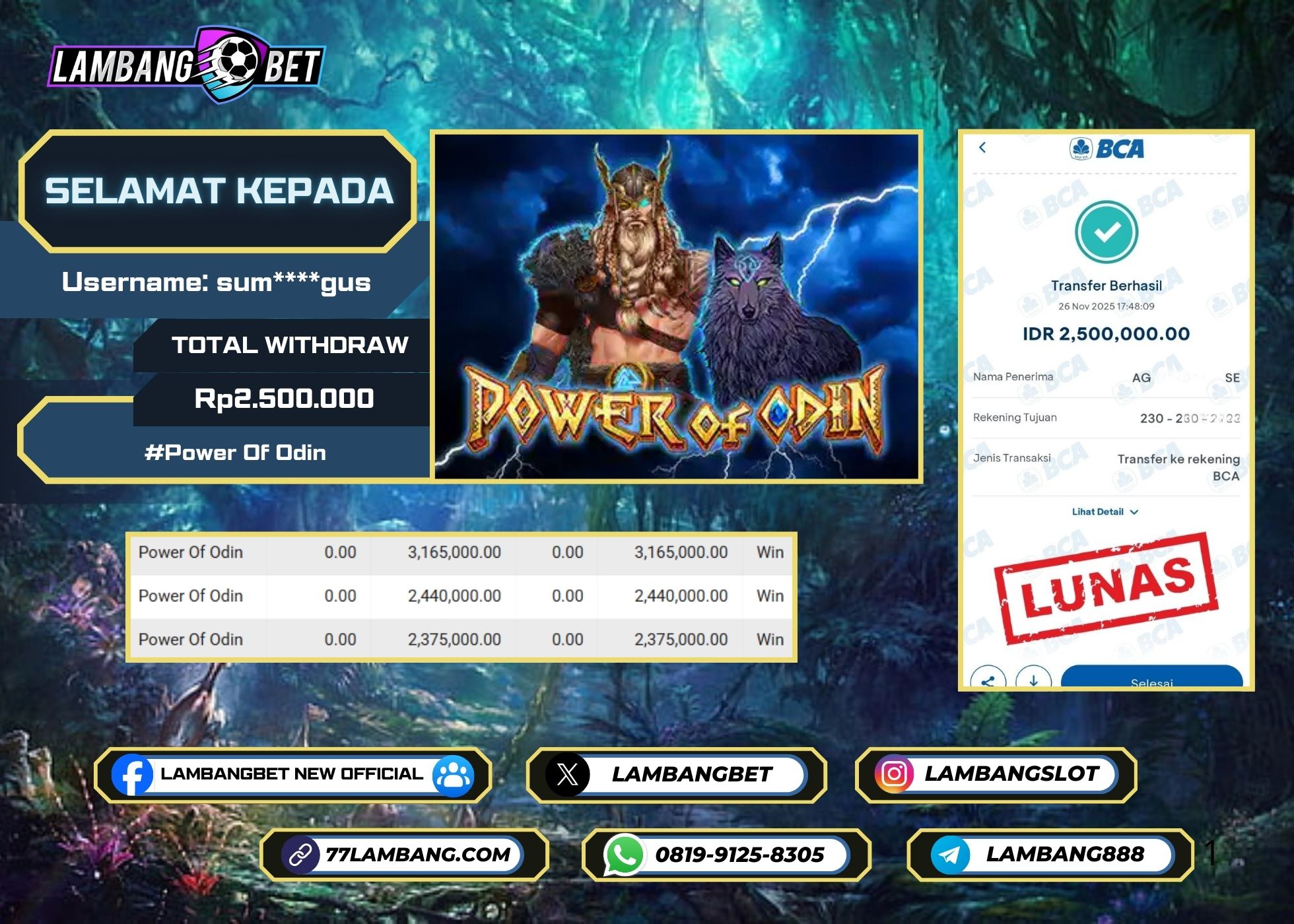 LAMBANGBET [26 NOVEMBER 2025] JACKPOT SLOT Power Of Odin "Rp2.500.000" LUNAS